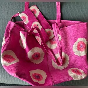 Anthropologie Pink Leather Tote with white flowers